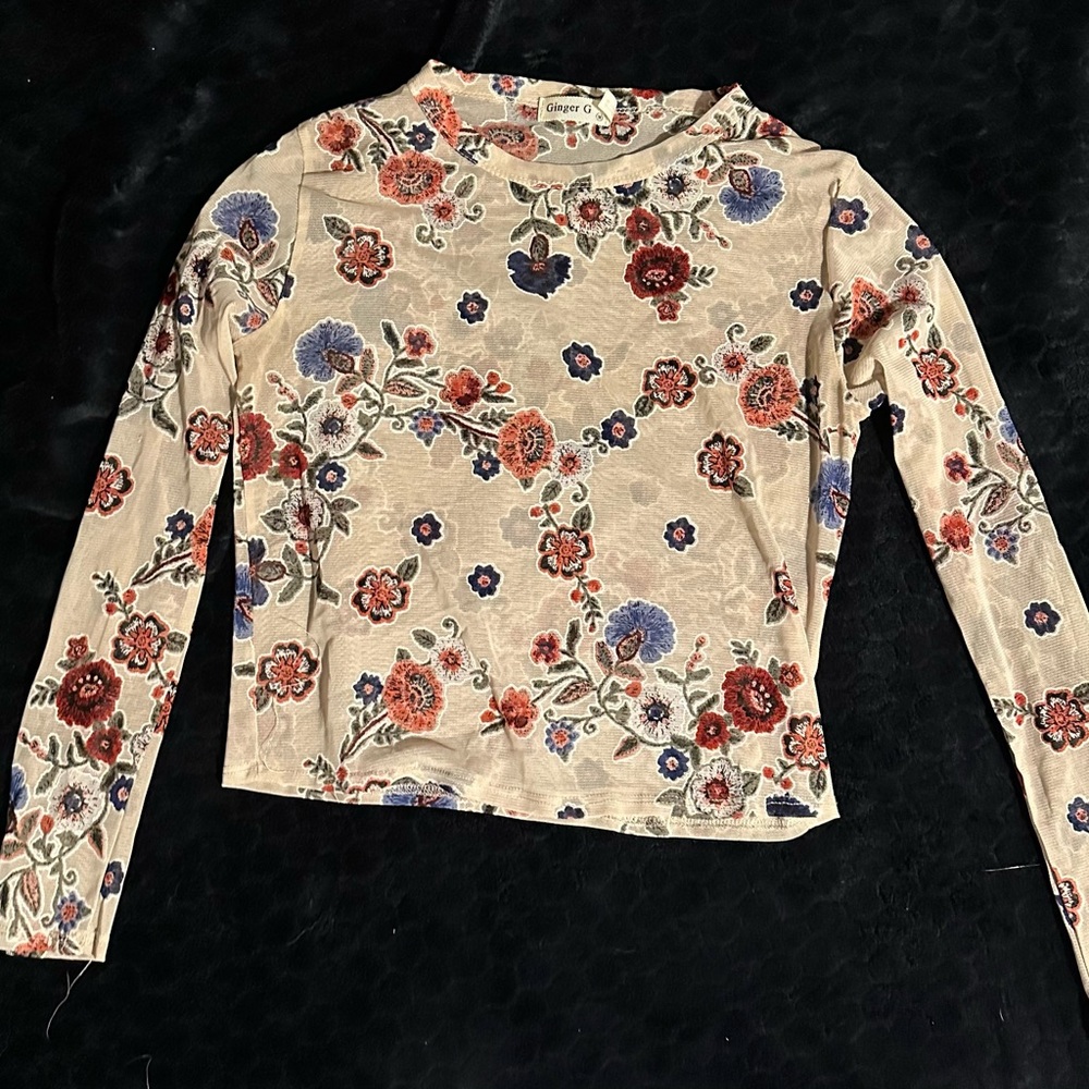 Ginger G Sheer Floral Long Sleeve Top - Cream and Red